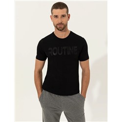 Siyah Slim Fit Baskılı Bisiklet Yaka Tişört