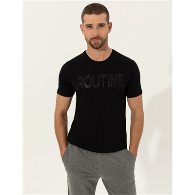 Siyah Slim Fit Baskılı Bisiklet Yaka Tişört