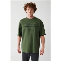 Avva Erkek Haki Oversize %100 Pamuk Bisiklet Yaka Önü Yazı Baskılı T-shirt A31y1181 A31Y1181