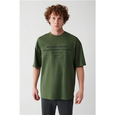 Avva Erkek Haki Oversize %100 Pamuk Bisiklet Yaka Önü Yazı Baskılı T-shirt A31y1181 A31Y1181