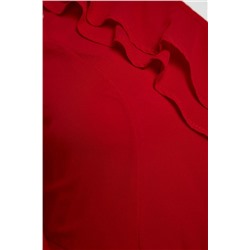 Kırmızı Kolları Fırfırlı Dokuma Kruvaze Yaka Şifon Abiye/Gece/Mezuniyet/Nişan Elbise TBBSS22AH0178