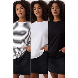 Siyah-Beyaz 3'lü Paket Büyük Beden T-shirt TBBSS25BF00071