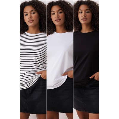 Siyah-Beyaz 3'lü Paket Büyük Beden T-shirt TBBSS25BF00071