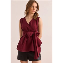 Olalook, Kadın Bordo Kruvaze Yaka Kuşaklı Dokuma Bluz BLZ-19002914