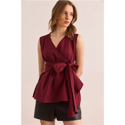Olalook, Kadın Bordo Kruvaze Yaka Kuşaklı Dokuma Bluz BLZ-19002914