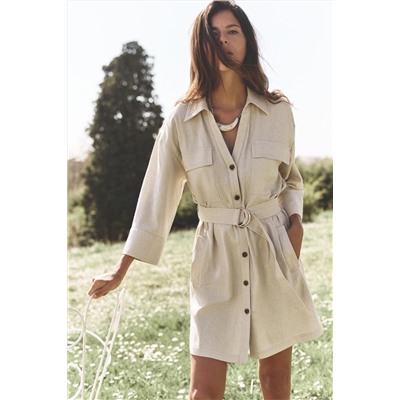 BELTED LINEN MINI DRESS