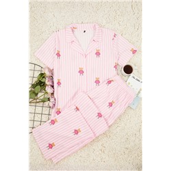 Trendyol Curve Pembe Çizgili Ayıcık Desenli Gömlek Yaka Örme Pijama Takımı TBBAW25AI00039