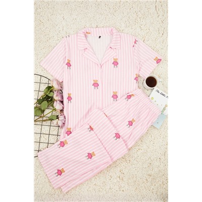 Trendyol Curve Pembe Çizgili Ayıcık Desenli Gömlek Yaka Örme Pijama Takımı TBBAW25AI00039
