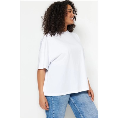 Beyaz Yaka Ribanalı Geniş Kalıp Basic %100 Pamuk Örme T-shirt TBBSS23BF00017