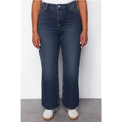 Koyu Mavi Yüksek Bel Soluk Efekt Vintage Yıkama Geniş Paça Büyük Beden Wide Leg Jeans TBBSS24CJ00050