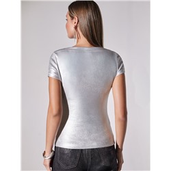 Футболка облегающая из хлопка в рубчик с вырезом лодочка с матовым покрытием металлик