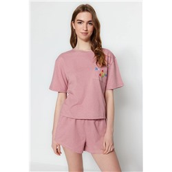 TRENDYOLMİLLA Pembe Slogan Baskılı T-shirt-Şort Örme Pijama Takımı THMSS23PT00173