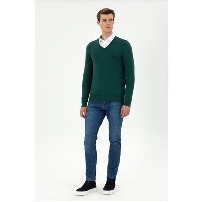 Erkek Slim Fit V Yaka Koyu Yeşil Basic Kazak