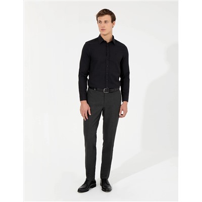 Siyah Slim Fit Armürlü Uzun Kollu Gömlek