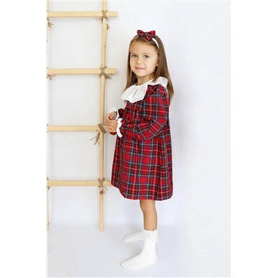 Parla Kids Kız Çocuk Kırmızı Kolej Ekose Uzun Kollu Dantel Detaylı Fırfırlı Yılbaşı Elbise Bandana Takım ELB-0089