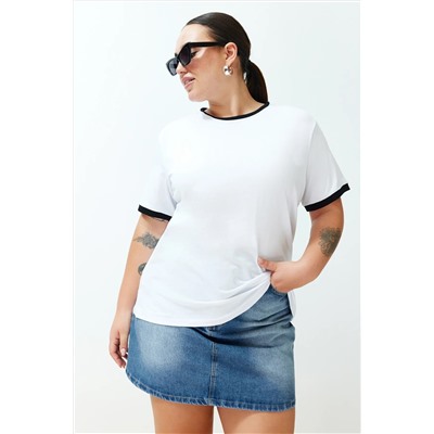 Beyaz Renk Blok Detaylı Boyfriend %100 Pamuk Örme T-shirt TBBSS24BF00012