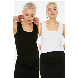 Siyah-Beyaz Basic Fitilli 2'li Paket Kare Yaka Örme Büyük Beden Atlet TBBSS22AL0024