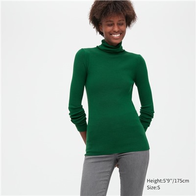 Extra Fine Merino Ribbed Turtleneck Long-Sleeve Sweater