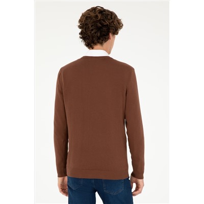 Erkek Slim Fit V Yaka Kahverengi Basic Kazak