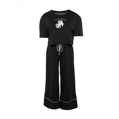 Siyah Baskılı Wide Leg Crop Boy Örme Pijama Takımı TBBAW23AI00040