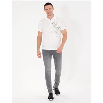 Ekru Slim Fit Baskılı Polo Yaka Tişört