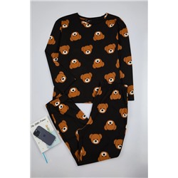 Siyah Ayıcık Desenli T-shirt-Jogger Örme Pijama Takımı TBBAW25AI00011
