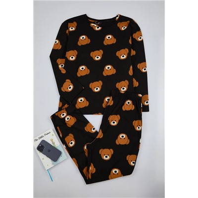 Siyah Ayıcık Desenli T-shirt-Jogger Örme Pijama Takımı TBBAW25AI00011