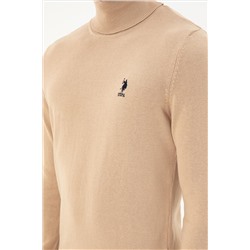 Erkek Slim Fit Boğazlı Yaka Kum Melanj Basic Kazak