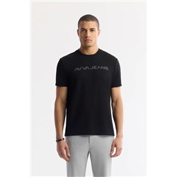 Avva, Erkek Siyah Bisiklet Yaka Reflektör Baskılı İnterlok T-Shirt A51Y1037