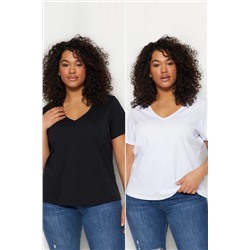 Siyah-Beyaz 2'li Paket Basic V Yaka %100 Pamuk Örme Büyük Beden T-Shirt TBBSS22TS0705