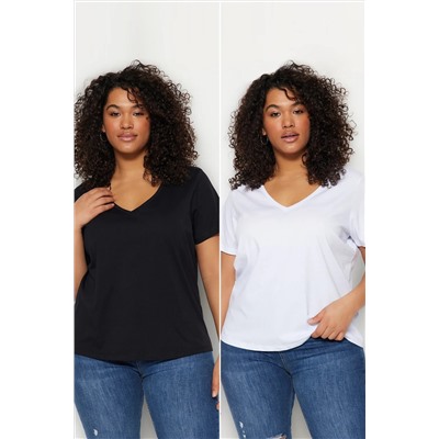 Siyah-Beyaz 2'li Paket Basic V Yaka %100 Pamuk Örme Büyük Beden T-Shirt TBBSS22TS0705