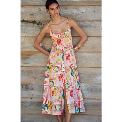 PATCHWORK PRINT MIDI DRESS WITH LINEN BLEND