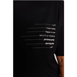 Siyah Bisiklet Yaka slogan Baskılı %100 Pamuk Örme Büyük Beden T-shirt Elbise TBBSS23AH00162