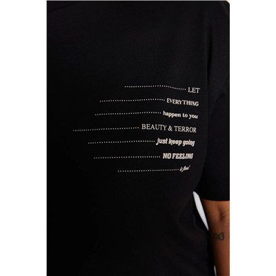 Siyah Bisiklet Yaka slogan Baskılı %100 Pamuk Örme Büyük Beden T-shirt Elbise TBBSS23AH00162