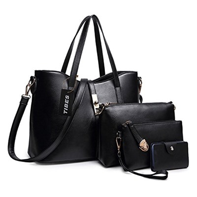 Tibes Fashion Women's PU Leather Handbag+Shoulder Bag+Purse+Card Holder 4pcs Set Tote