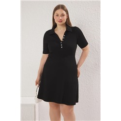 Trendyol Curve Siyah Polo Yaka Düğmeli A-line Kaşkorse Örme Büyük Beden Elbise TBBSS25AH00189