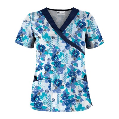 UA Floral Zen Navy Mock Wrap Scrub Top