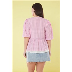 Pembe Ekose/Kareli Fiyonklu Eteği Brodeli Dokuma Büyük Beden Bluz TBBSS25AF00013