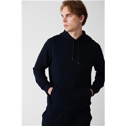 Lacivert Kapüşonlu Yaka İçi Polarlı 3 İplik Pamuklu Regular Fit Standart Kesim Unisex Sweatshirt