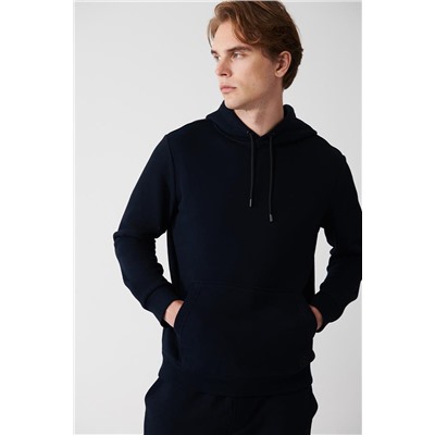 Lacivert Kapüşonlu Yaka İçi Polarlı 3 İplik Pamuklu Regular Fit Standart Kesim Unisex Sweatshirt