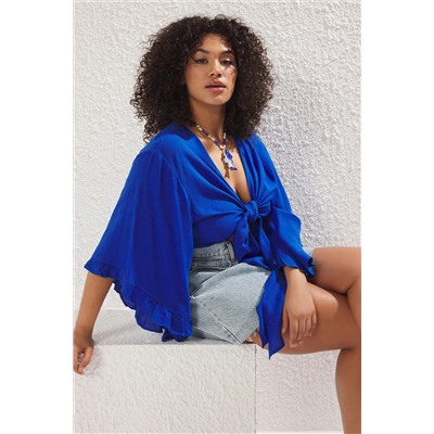 Indigo Crop Kolu Fırfırlı Volanlı Kruvaze Yaka Plaj Giyim Büyük Beden Bluz TBBSS24AF00071