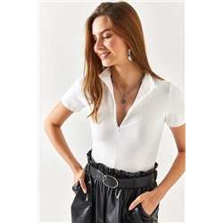 Olalook Kadın Beyaz Fermuarlı Likral Crop Bluz BLZ-19002350