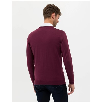 Bordo Slim Fit V Yaka Basic Triko Kazak