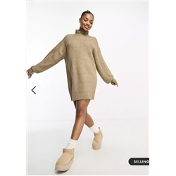 Miss Selfridge grown on neck balloon sleeve knit mini dress in mushroom