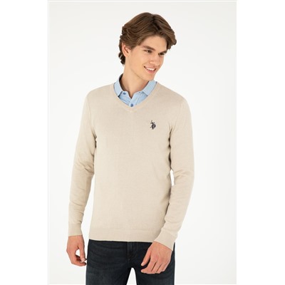 Erkek Slim Fit V Yaka Taş Melanj Basic Kazak