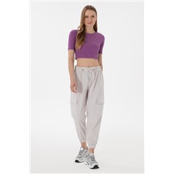 Kadın Açık Gri Jogger Fit Kanvas Pantolon