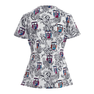 Cherokee Scrubs Look Hoo's Talking V-Neck Print Top