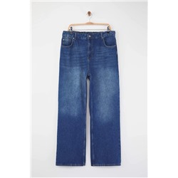 Koyu Mavi Yüksek Bel Geniş Paça Wide Leg Büyük Beden Jeans TBBAW26CJ00041