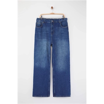 Koyu Mavi Yüksek Bel Geniş Paça Wide Leg Büyük Beden Jeans TBBAW26CJ00041