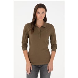 Kadın Haki Basic Polo Yaka Sweatshirt